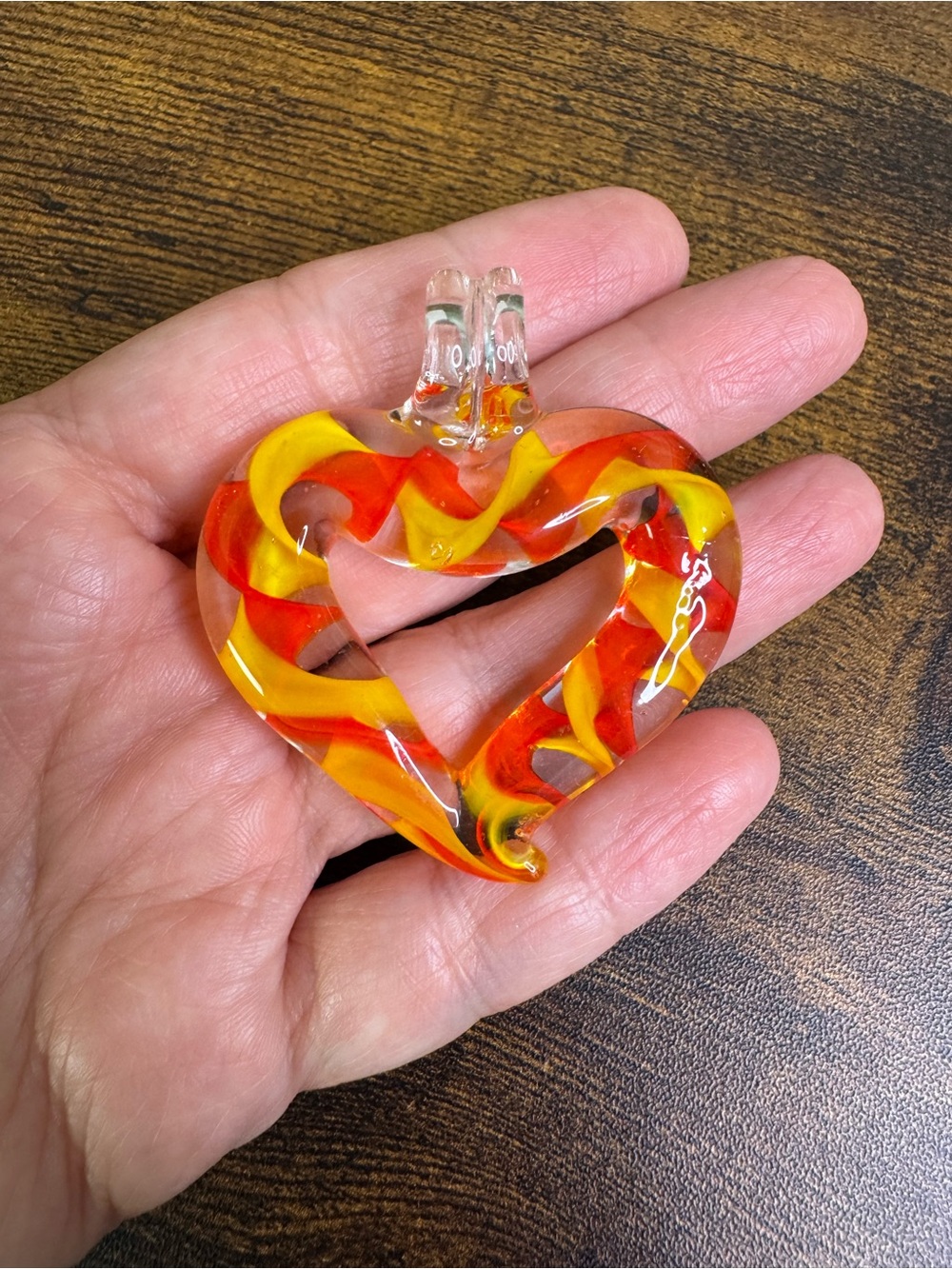 Glass Heart Pendant in Red and Yellow Flame and Fire Swirl - Artisanal Bold